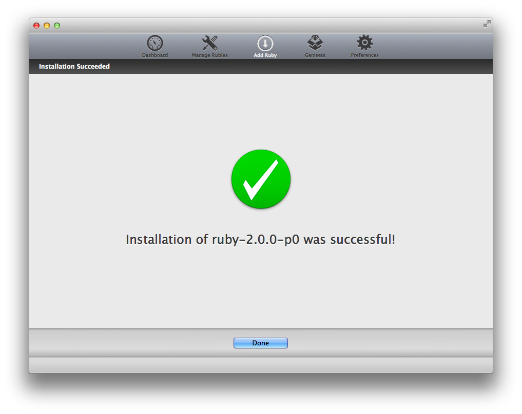 Succès installation Ruby 2.0.0 via JewelryBox